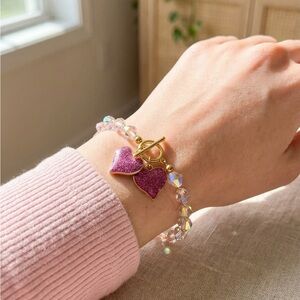 Gold and Pink Heart Charm Bracelet